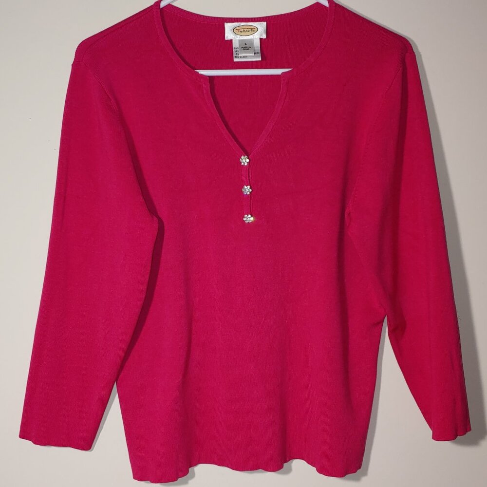 Talbots Silk Blend 3/4 Sleeve V-Neck Stretch Knit Sweater Size L Fuchsia Pink